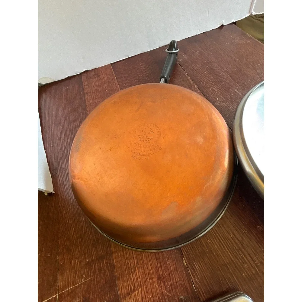 Vintage Revere Ware 10 Inch Skillet Copper Clad Bottom Frying Pan with Lid 1801